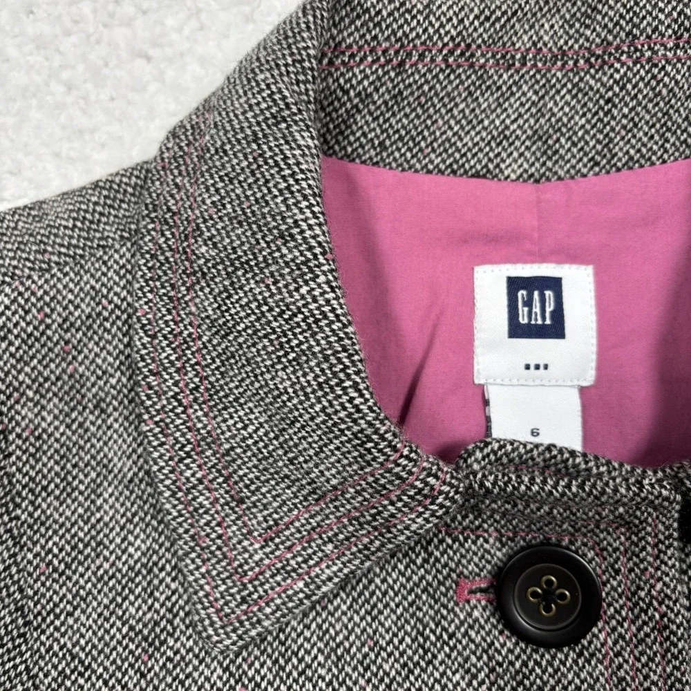 Gap Wool Blend Tweed Jacket‎ Coat Womens 6 XS Black Houndstooth Pink Speckles